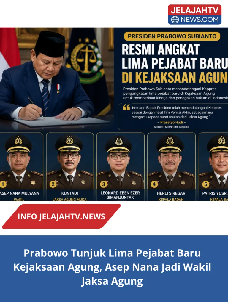 Prabowo Tunjuk Lima Pejabat Baru Kejaksaan Agung, Asep Nana Jadi Wakil Jaksa Agung
